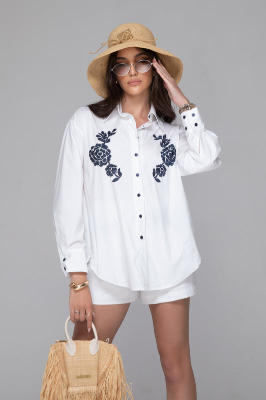 Бяла Широка Риза от памук "Blue Rose"